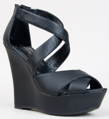 Black Cross-strap Open-toe Wedges - Beautique Online Store