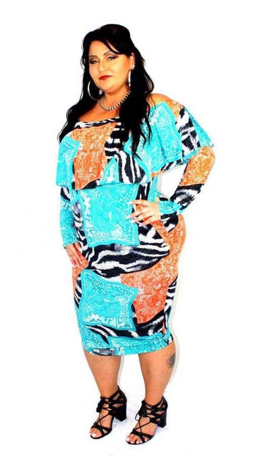 Animal Print Aqua Off Shoulder Midi Dress - Beautique Online Store